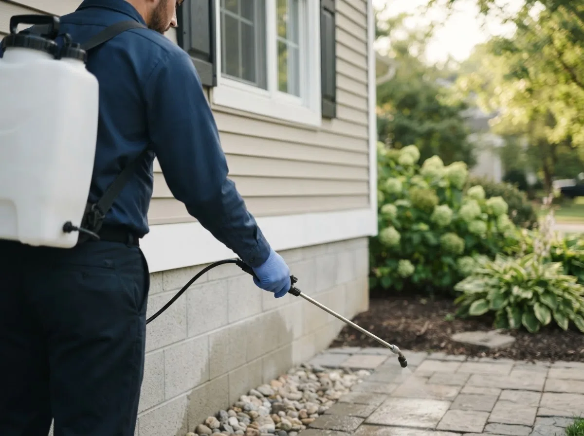 Pest control technician inspecting a home in Jerome, MI